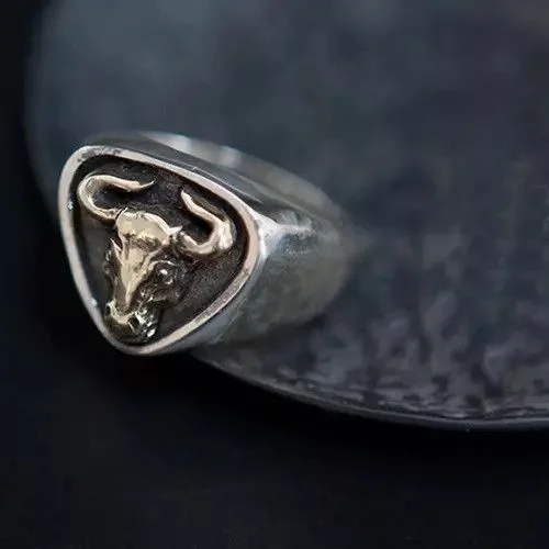 Vintage Jewelry Watches Vintage Retro Personality Bull Pattern Ring Open Size Silver Streetwear
