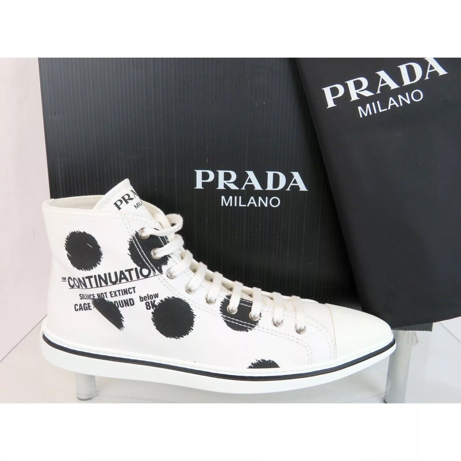 Prada Hi Top Sneakers Prada 1T618M WHITE BLACK POLKA CANVAS LOGO POINTY CAP SNEAKERS 38