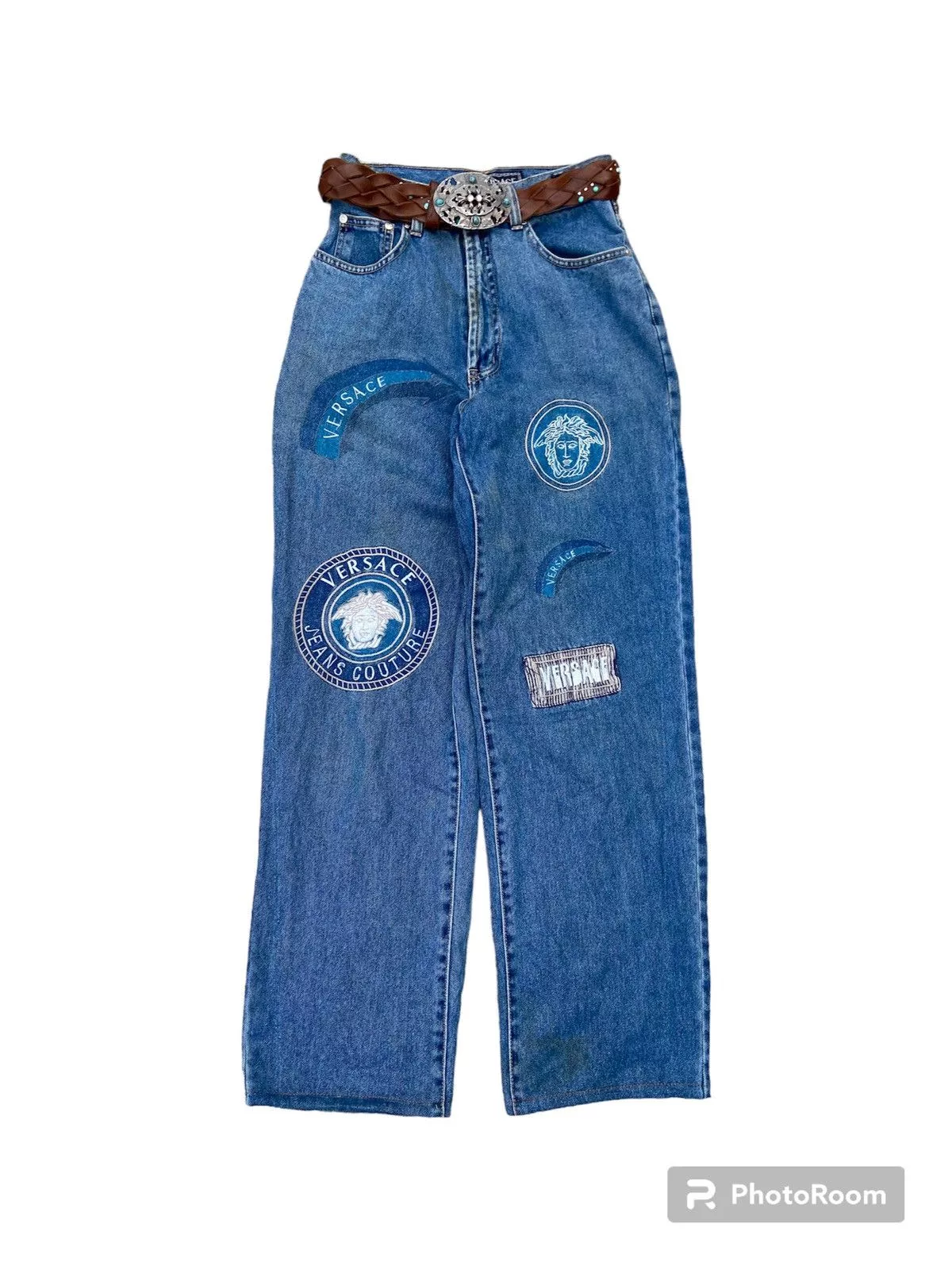 Versace Denim Versace × Versace Jeans Couture × Vintage VERSACE PATCH LOGO HIGH WAIST DENIM + BELT LEATHER Blue