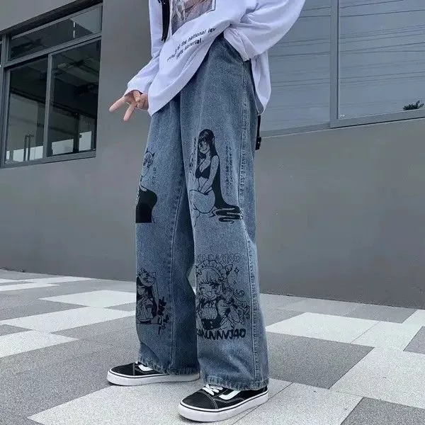 Designer Denim Designer × Japanese Brand Unisex jeans graffiti print Korean American hip-hop style Blue Streetwear