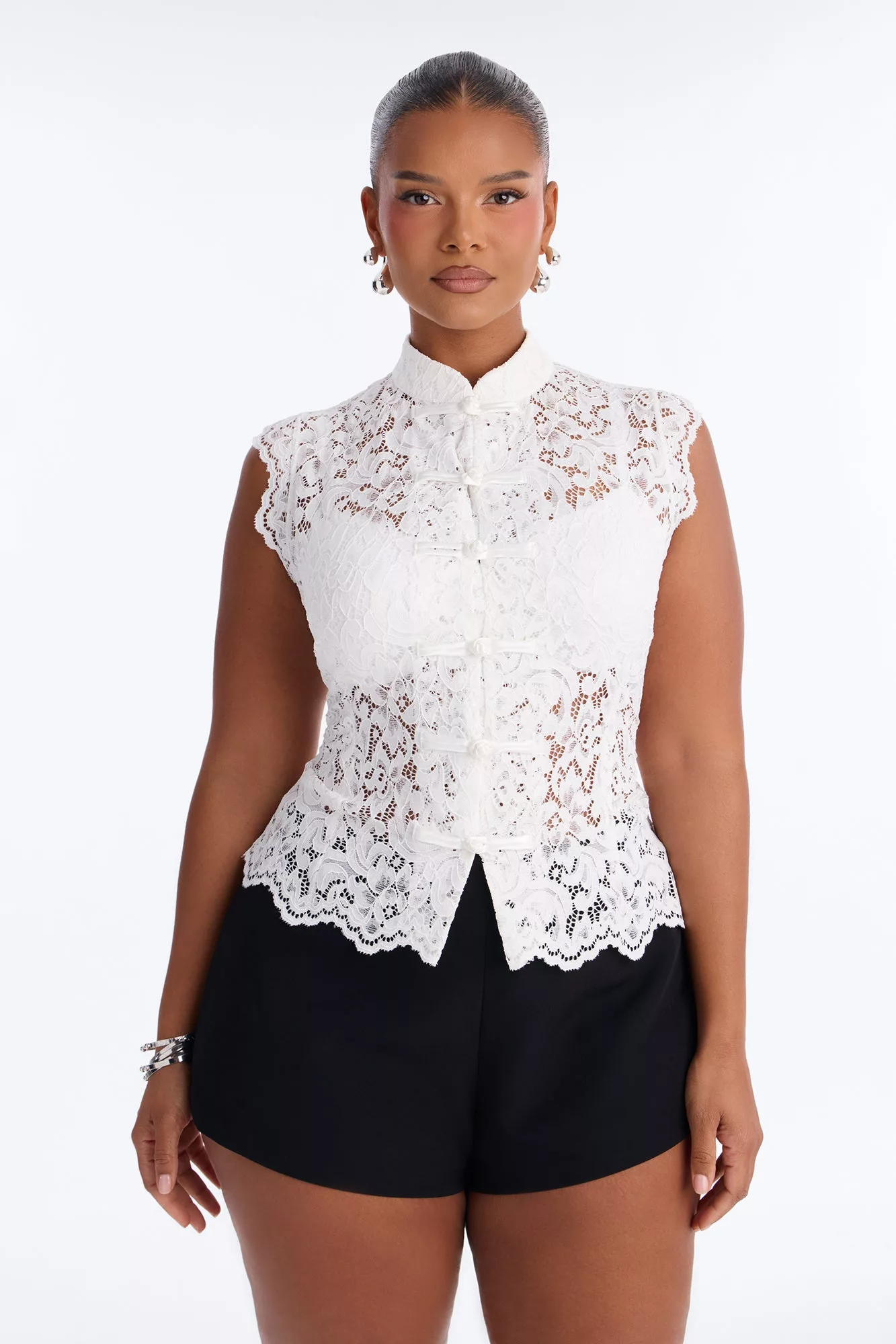 Lizette Lace Mock Neck Sleeveless Top - White