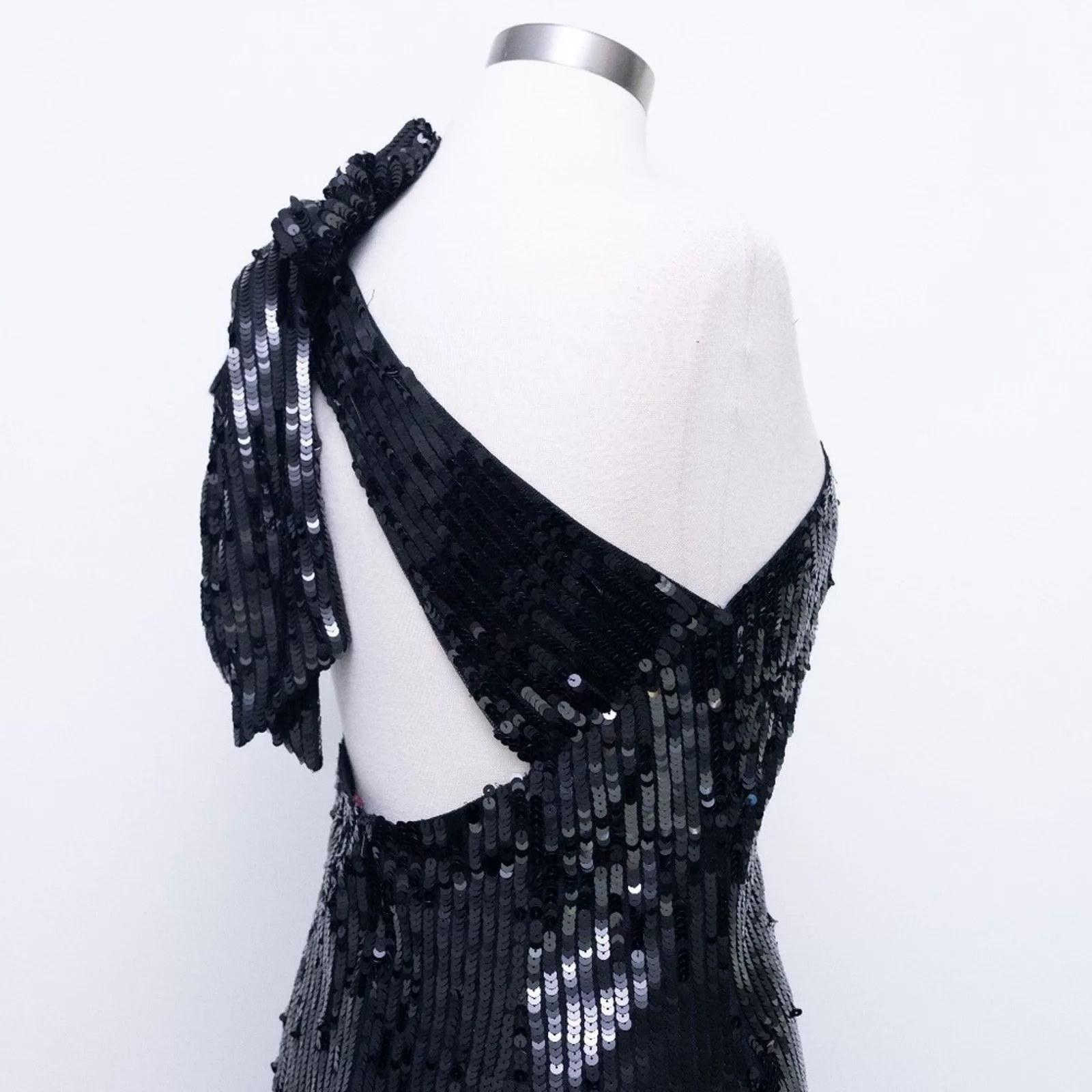 Designer Midi Dresses Designer Mac Duggal. Sequined One Shoulder Back Bow Detail Gown. Black