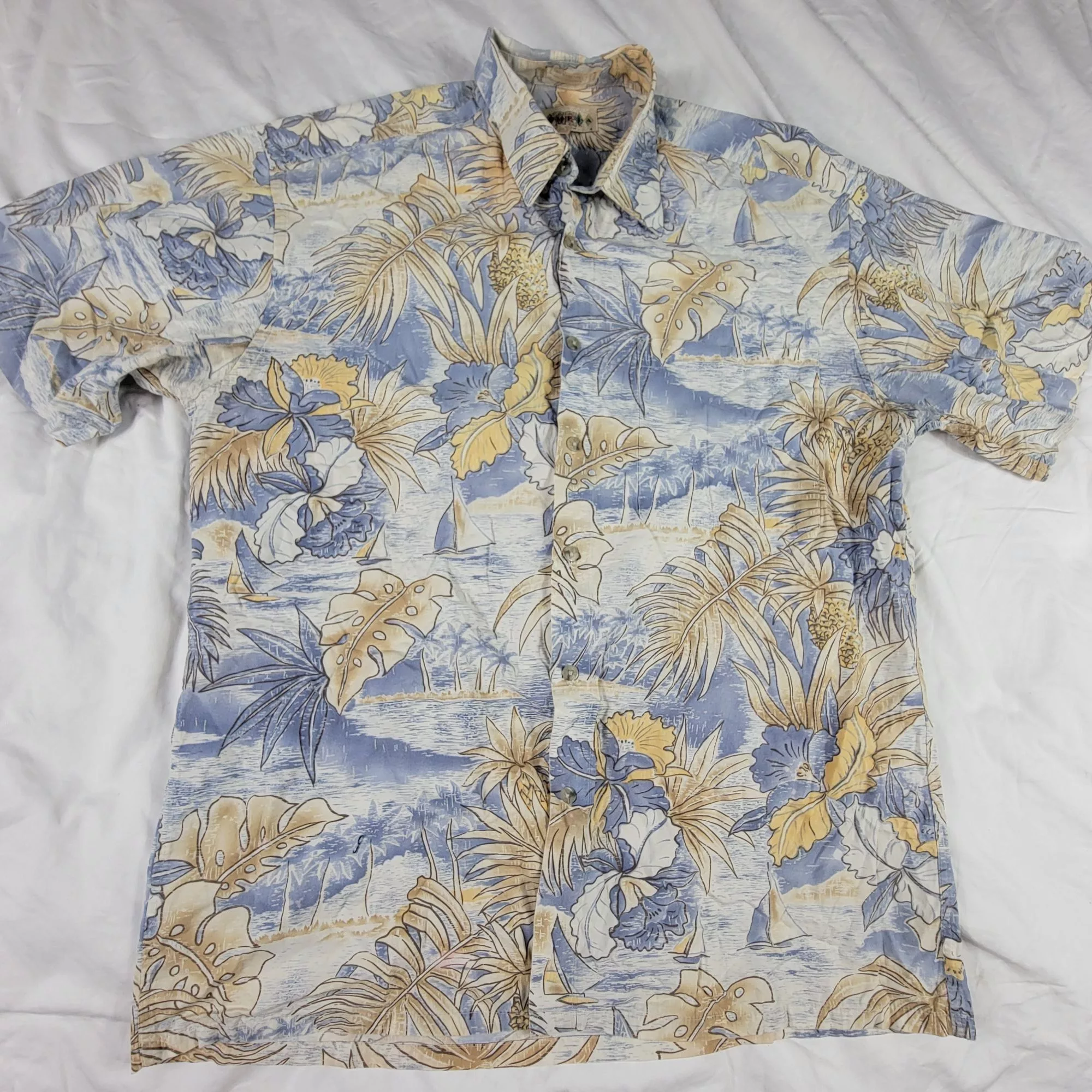 Campia Moda Shirts Button Ups Campia Moda Hawaiian Shirt Mens Medium Blue Beige Floral Pri