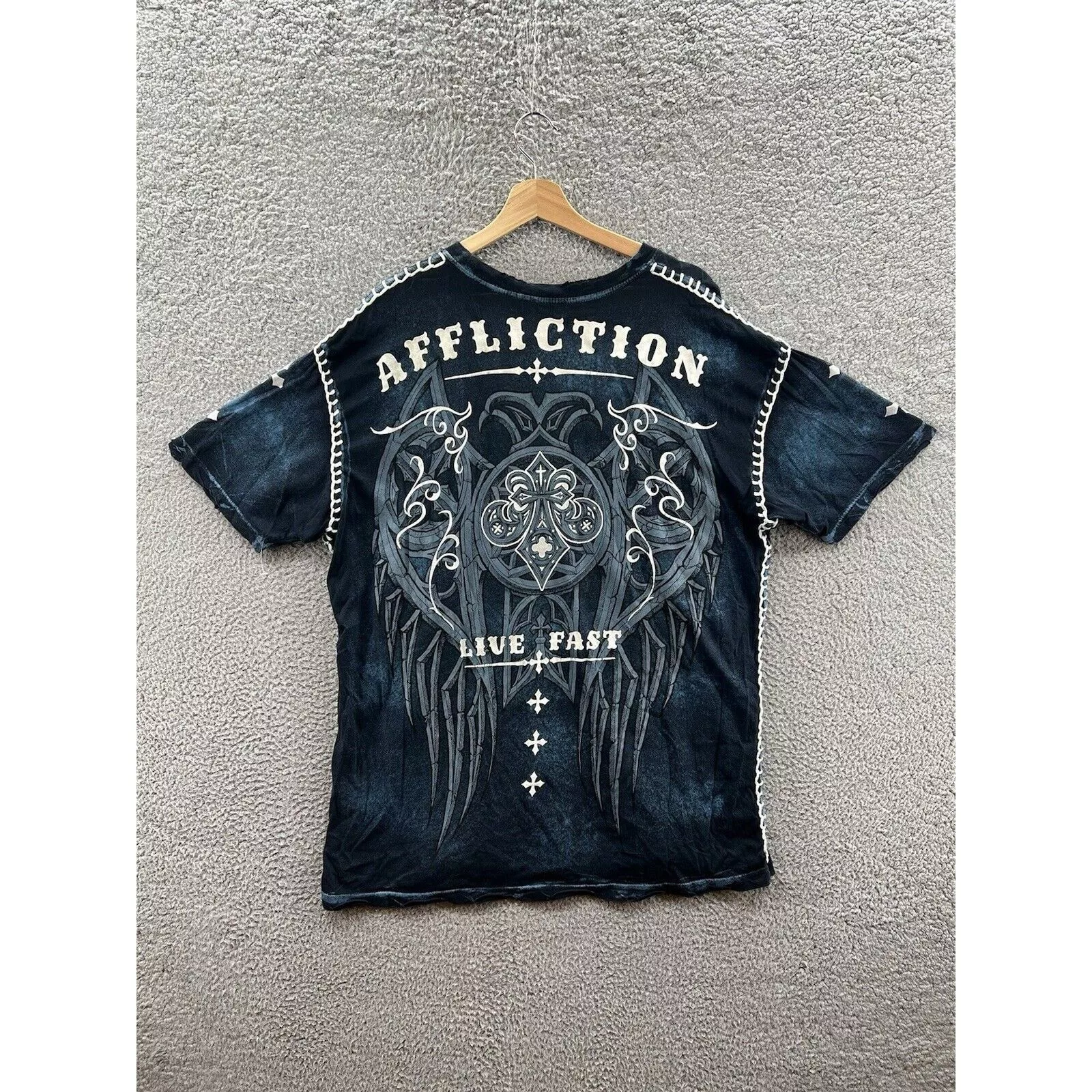 Affliction Short Sleeve T Shirts Affliction Live Fast Thick Contrast Stitch Wings T-Shirt XXL Black