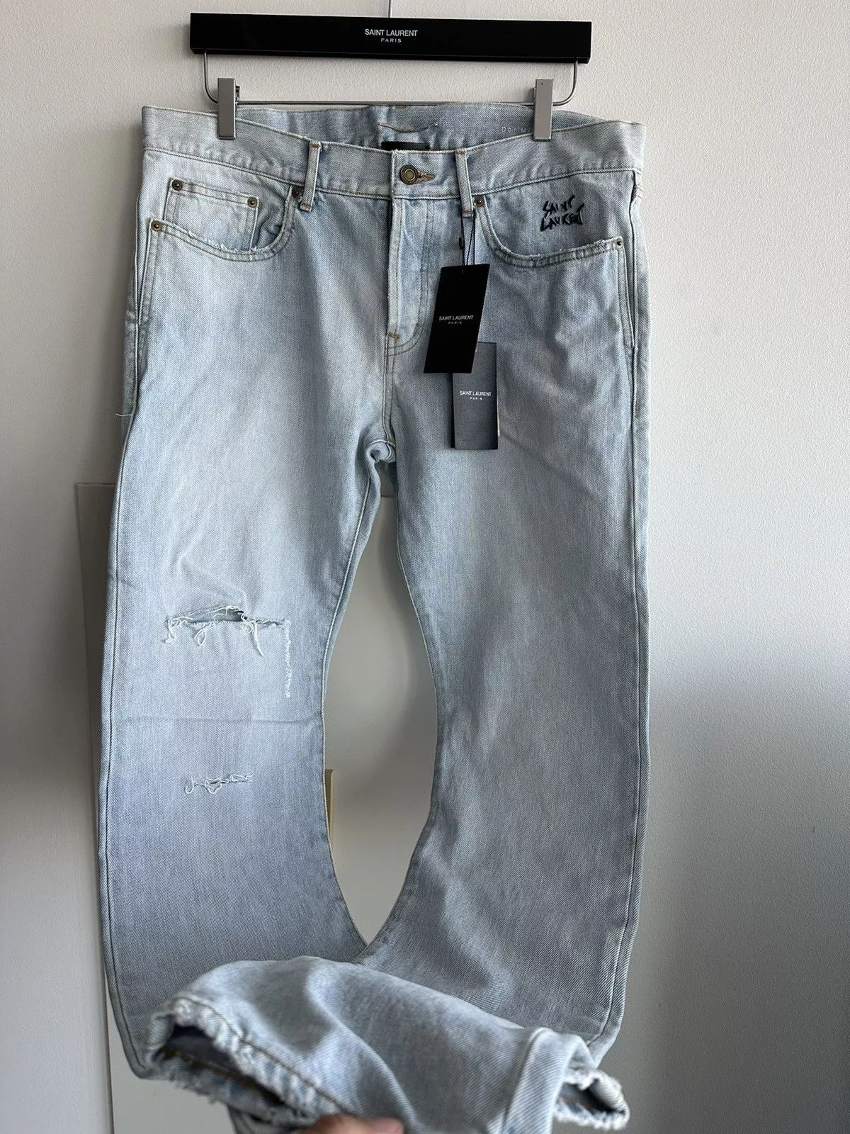 Hedi Slimane Denim Hedi Slimane × Saint Laurent Paris × Yves Saint Laurent SLP Super Rare Brand New Trashed Ripped Skinny Denim Jeans Blue