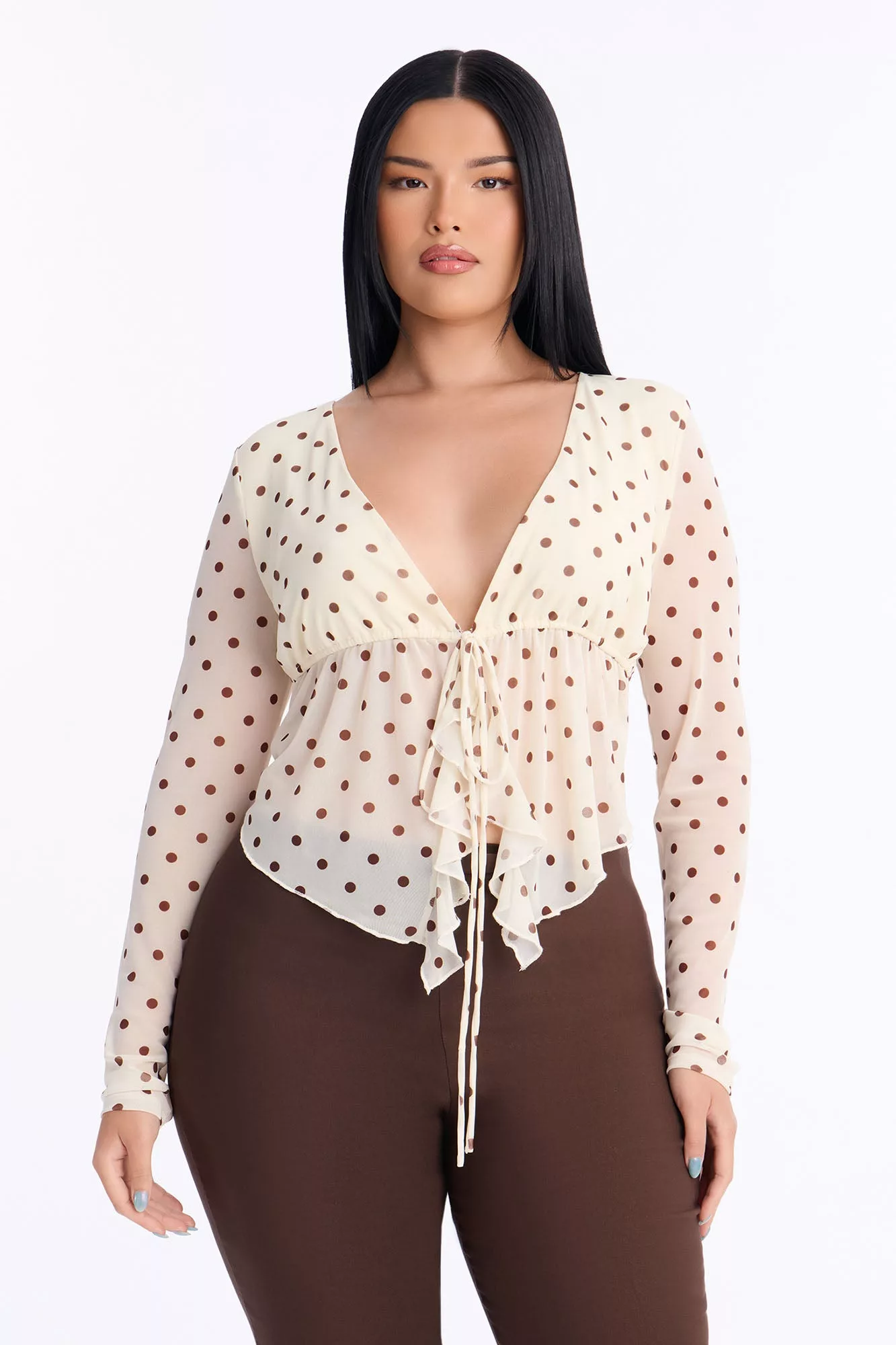 Melissa Polka Dot Ruffle Mesh Flyaway Top - Cream/combo