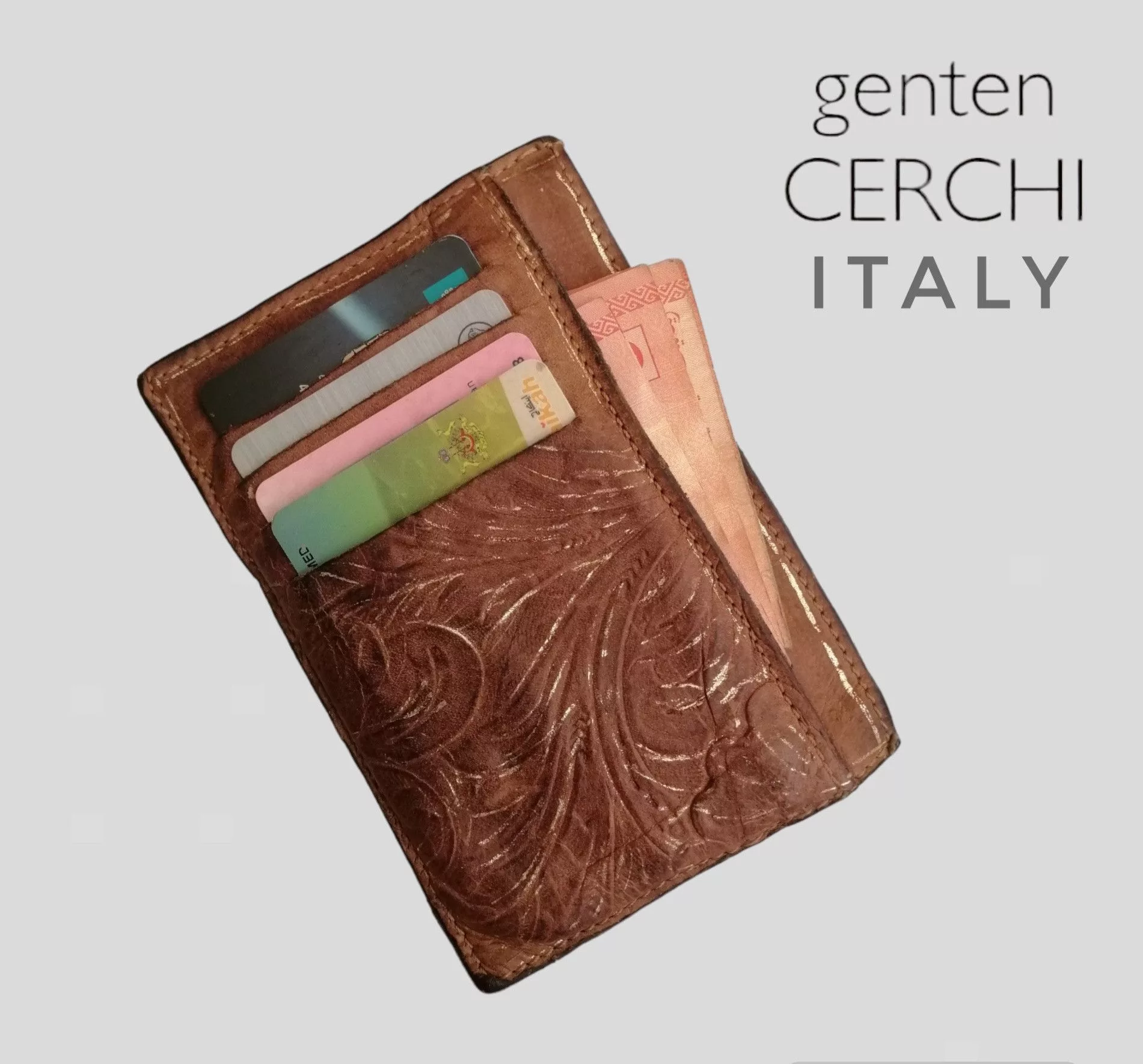 Designer Wallets Designer × Leather × Vintage Vintage Genten Cerchi Italy Leather Card Holder Brown