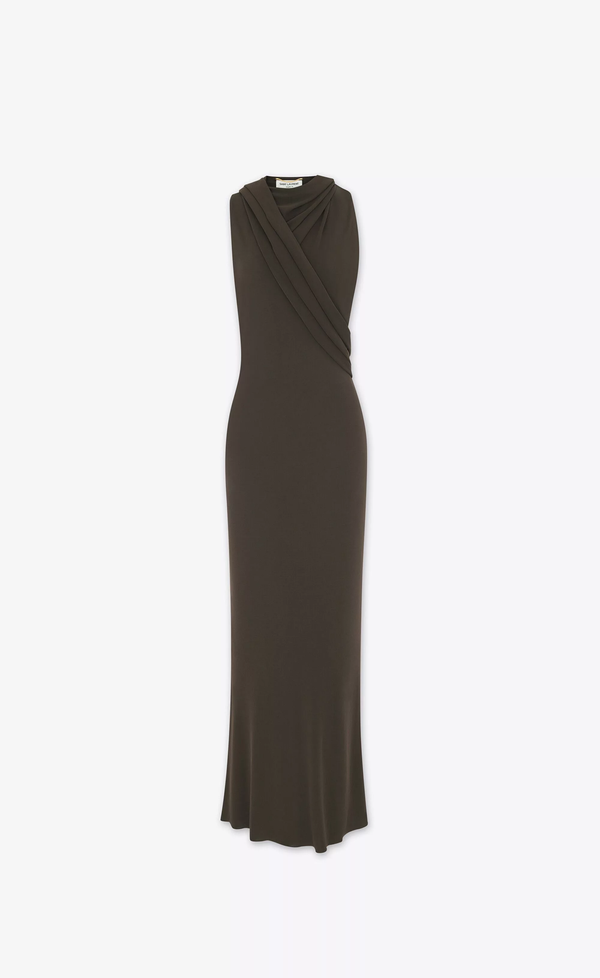 Saint Laurent Paris Maxi Dresses Saint Laurent Paris o1b1hav110724 Hooded Dress in Crepe Jersey in Brown