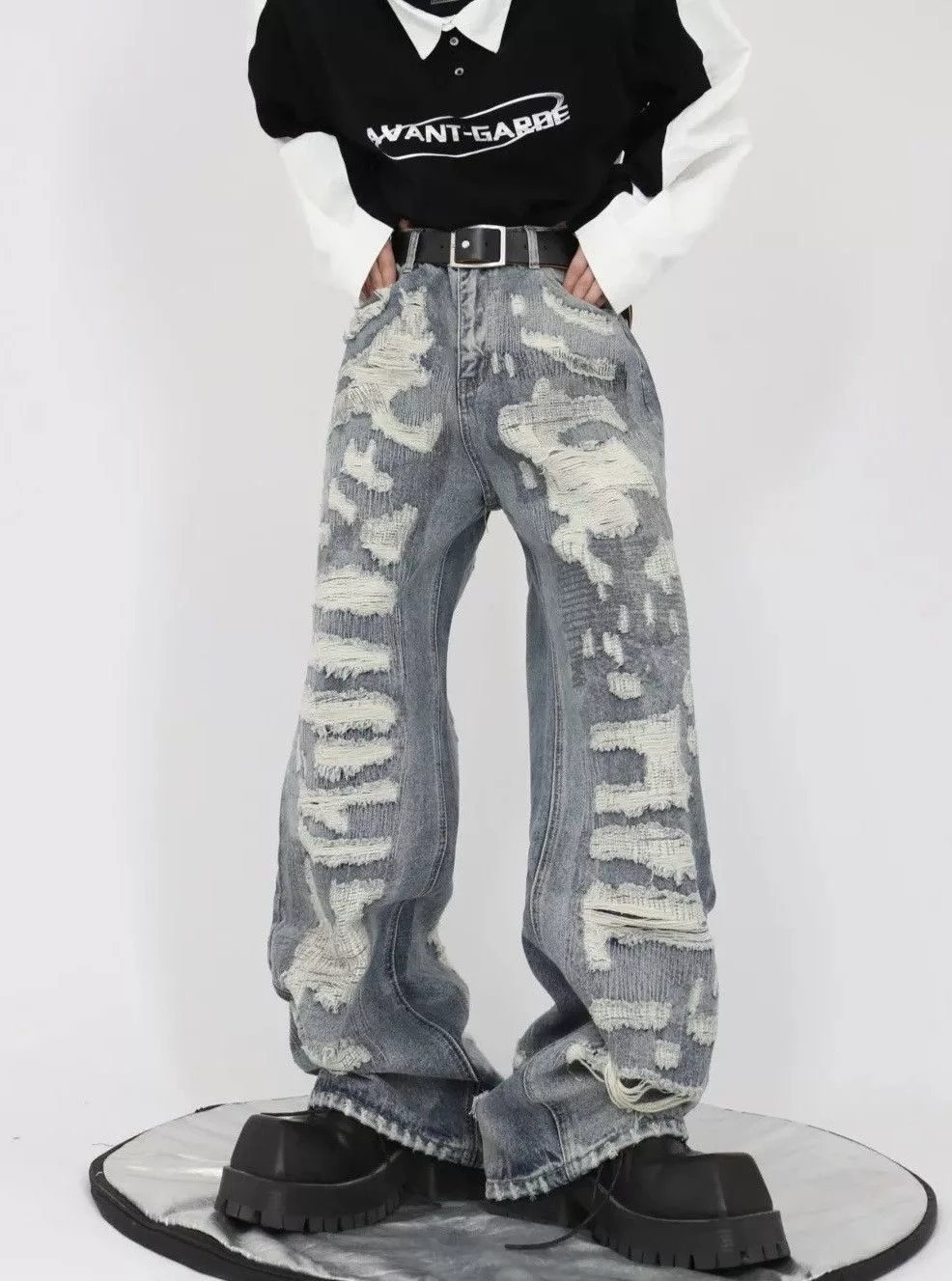 Designer Denim Designer × Japanese Brand × Vintage Distressed Wide Leg Ripped Jean Blue