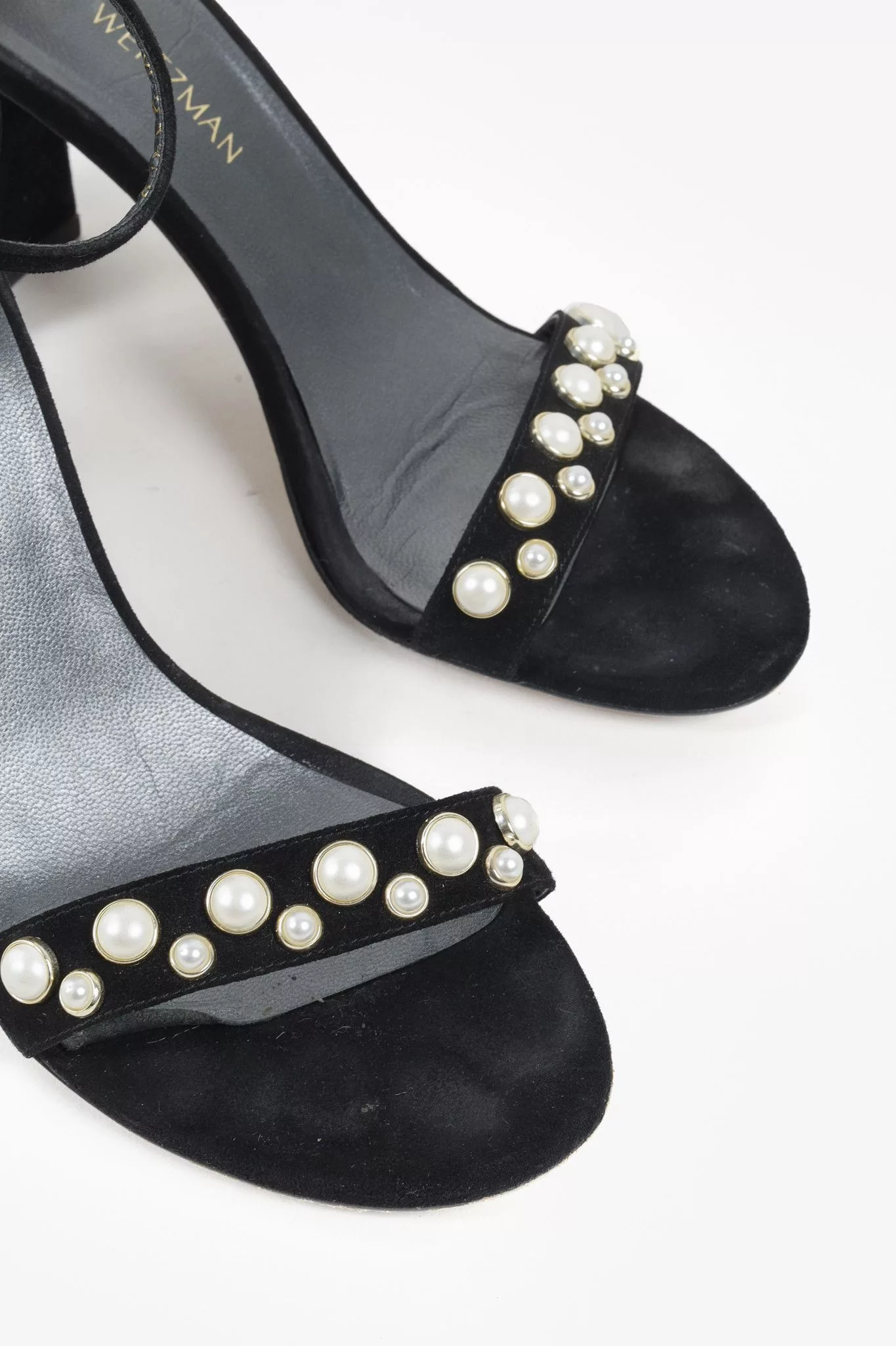 Stuart Weitzman Heels Stuart Weitzman Black Pearl Studded Open-Toe Heeled Sandals