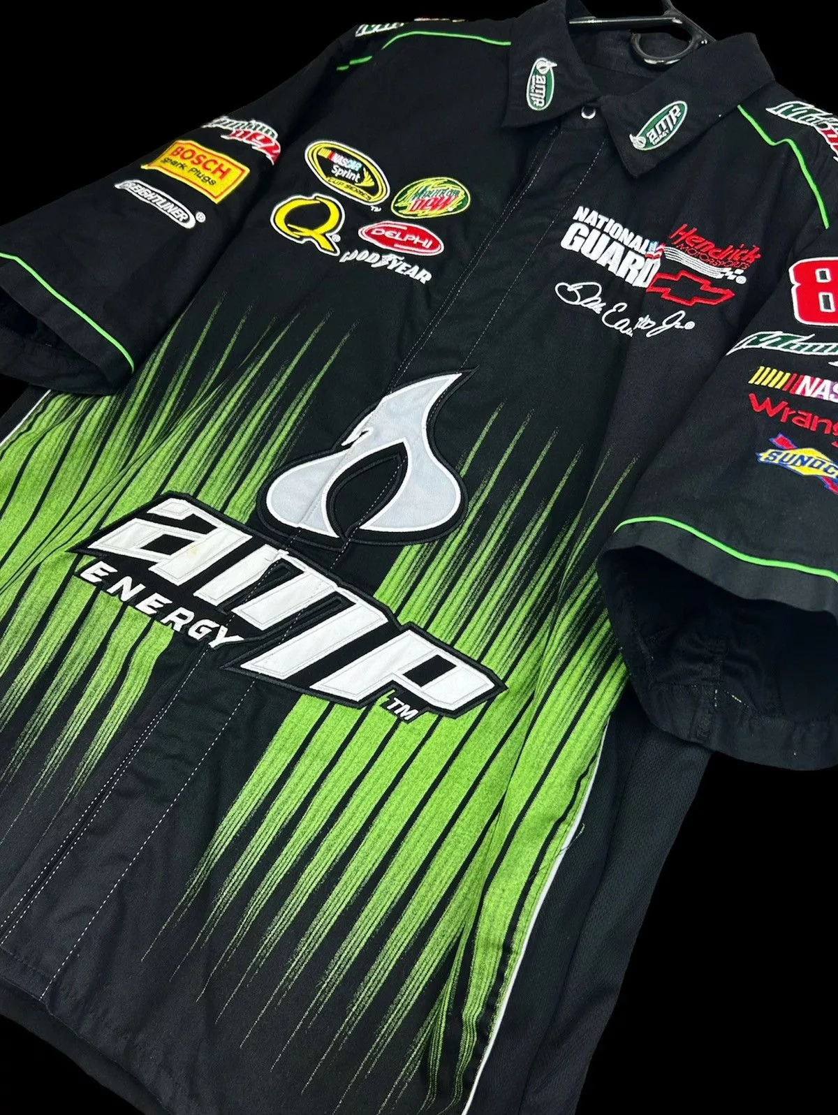 NASCAR Shirts Button Ups NASCAR Dale Earnhardt JR Embroidered Mtn Dew AMP Energy Pit Crew Black Workwear