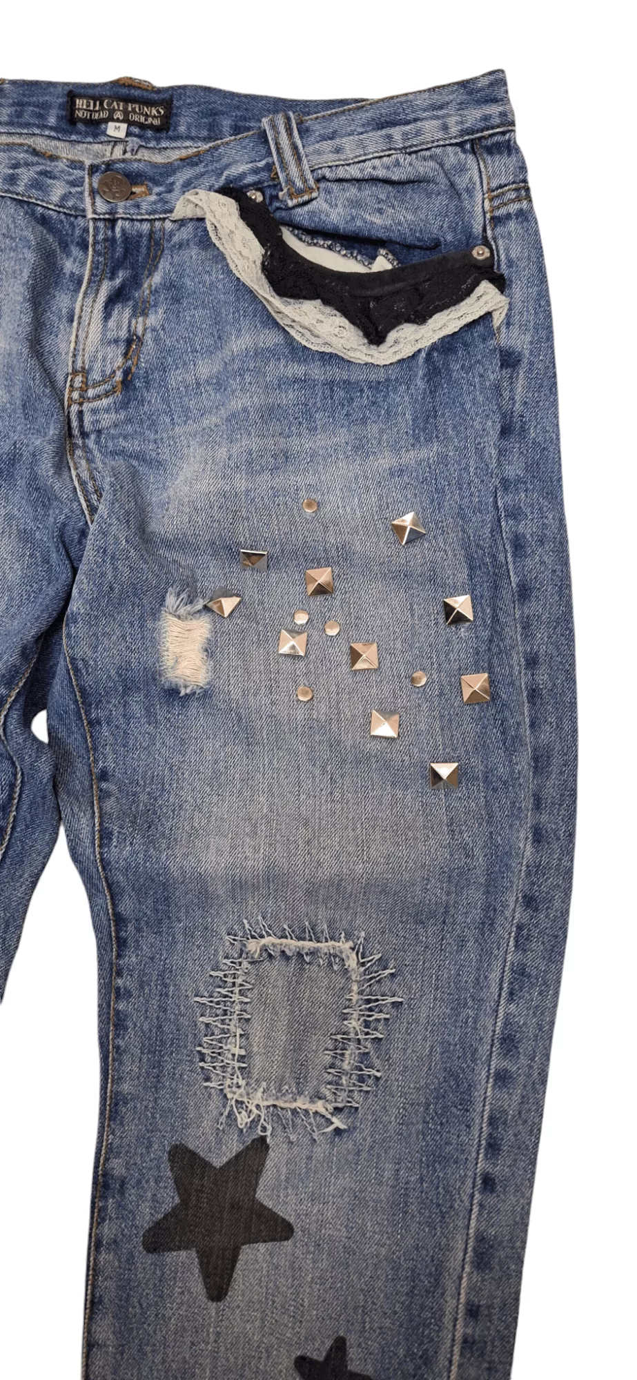 Seditionaries Jeans Hell Cats Punk Spikes Distressed Seditionaries Zipper Leg Blue Streetwear