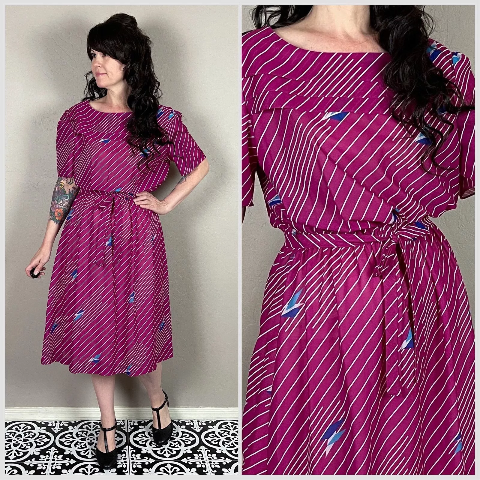 Vintage Midi Dresses Vintage 1970s Fuchsia Striped Short Sleeve Midi Dress Pink