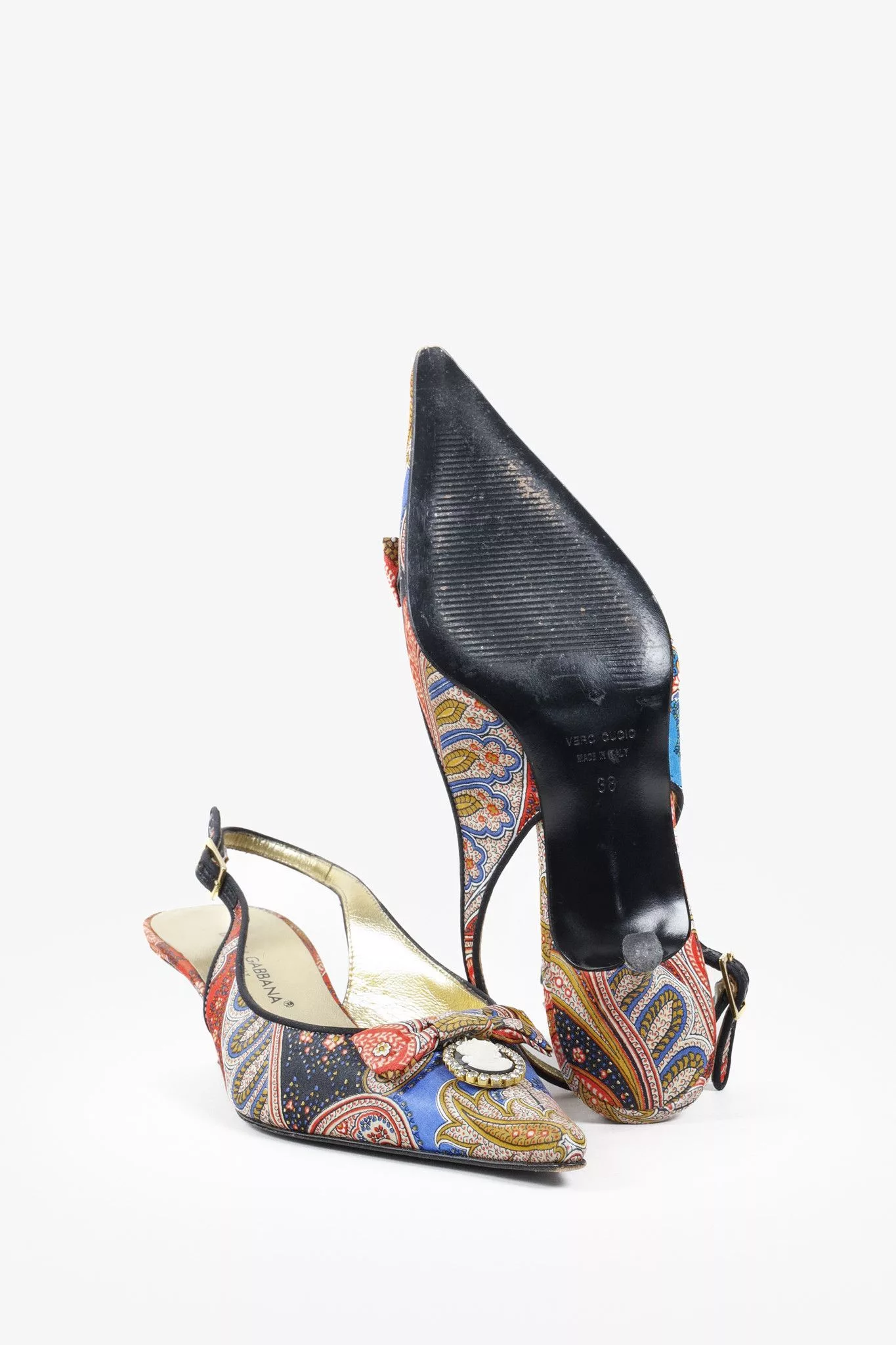 Dolce & Gabbana Heels Dolce & Gabbana Patchwork Print Cameo Slingback Heels Multi