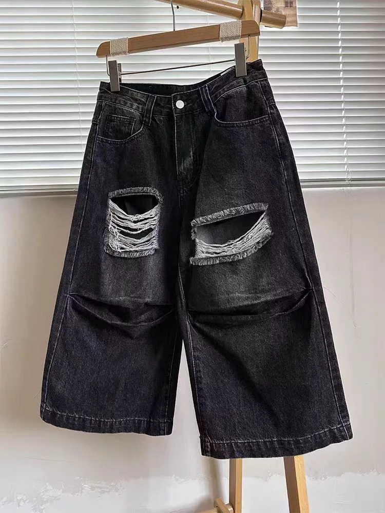 Designer Shorts Designer × Japanese Brand Ripped design washed and frayed denim shorts Black Streetwear