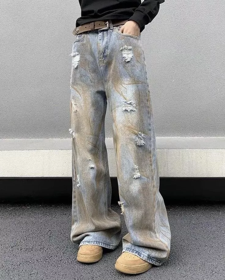 Jean Denim Jean × Vintage Dirty Wash Blue Baggy Distressed Jeans