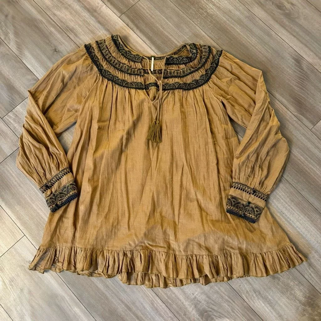 Free People Mini Dresses Free People Women’s Erin Mini Dress Neutral Embroidered Ruff Brown