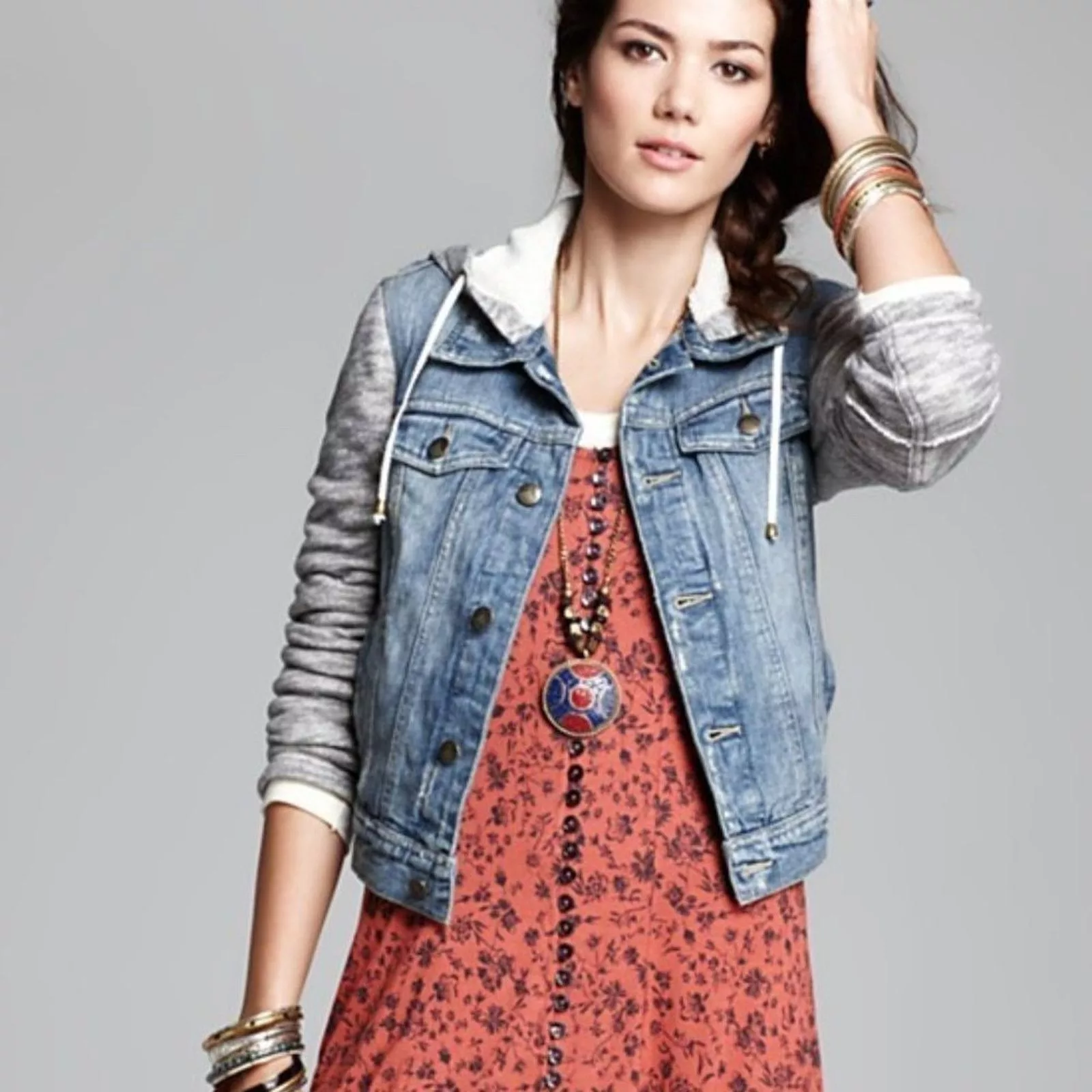 Free People Jackets FREE PEOPLE Indie Wash Denim/Knit Hoodie Jacket Sz S Blue
