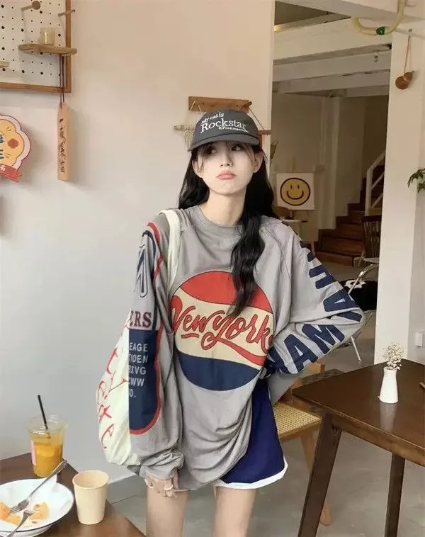 Designer Long Sleeve T Shirts Designer × Vintage Deeptown Vintage Oversized Long Sleeve T Shirt for Women Gray Streetwear