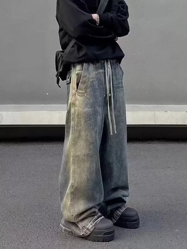 Ring Of Fire Denim Ring Of Fire Retro wash gradient drawstring work wide leg jeans Black Avant-Garde