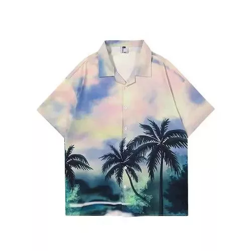 Individualized Shirts Shirts Button Ups Individualized Shirts Palm Trees Print Graphic Short Sleeve Button Up Shirt Blue Vintage