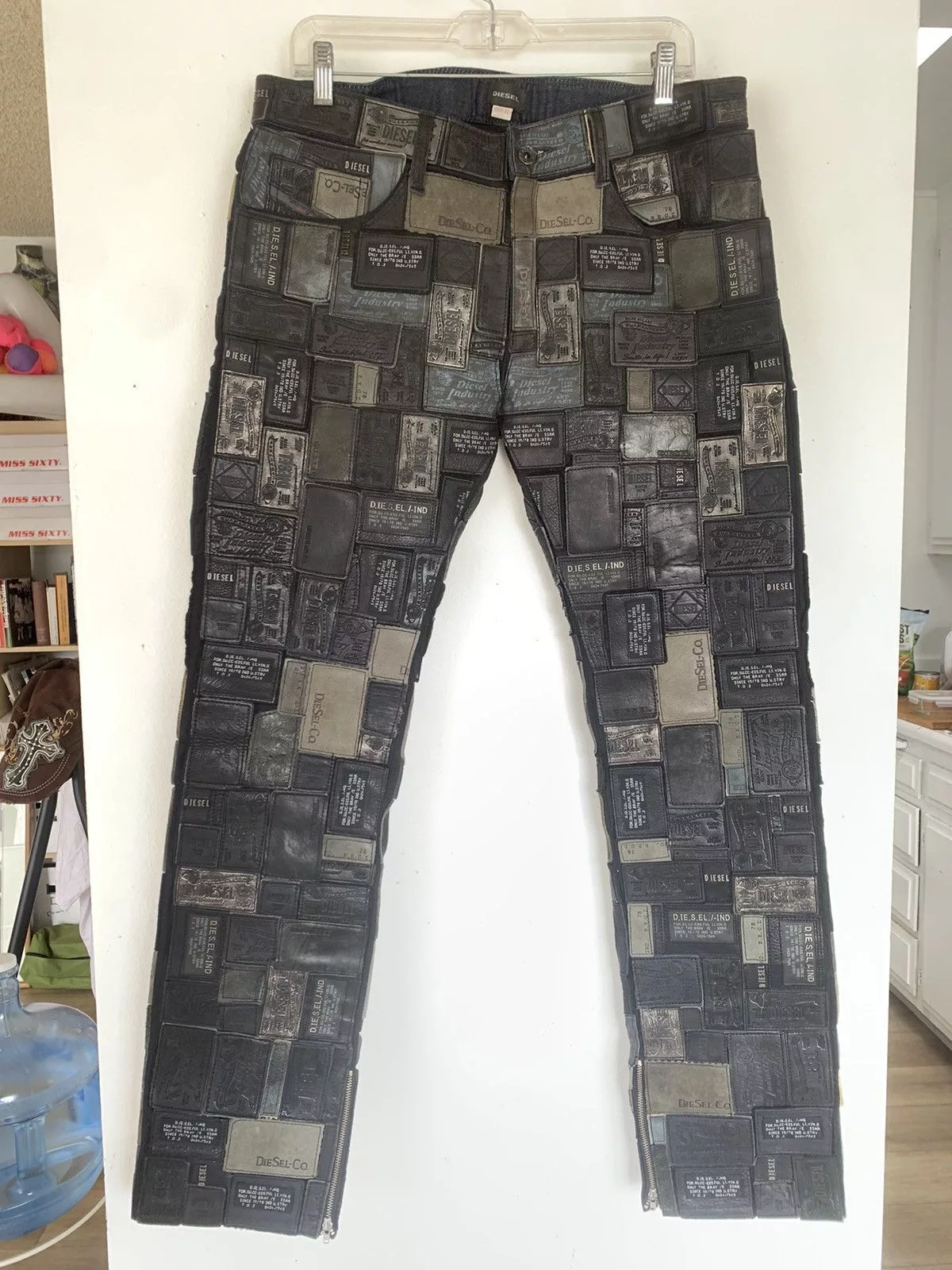 Diesel Casual Pants DIESEL Size 32 REBOOT Leather Patchwork Pants Black