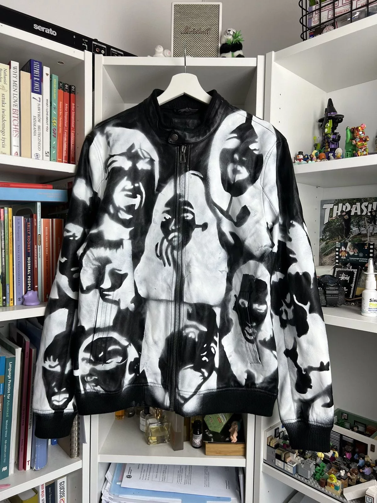 Other Leather Jackets Other Vintage Y2K Custom AOP faces eco leather bomber jacket L 90s Black