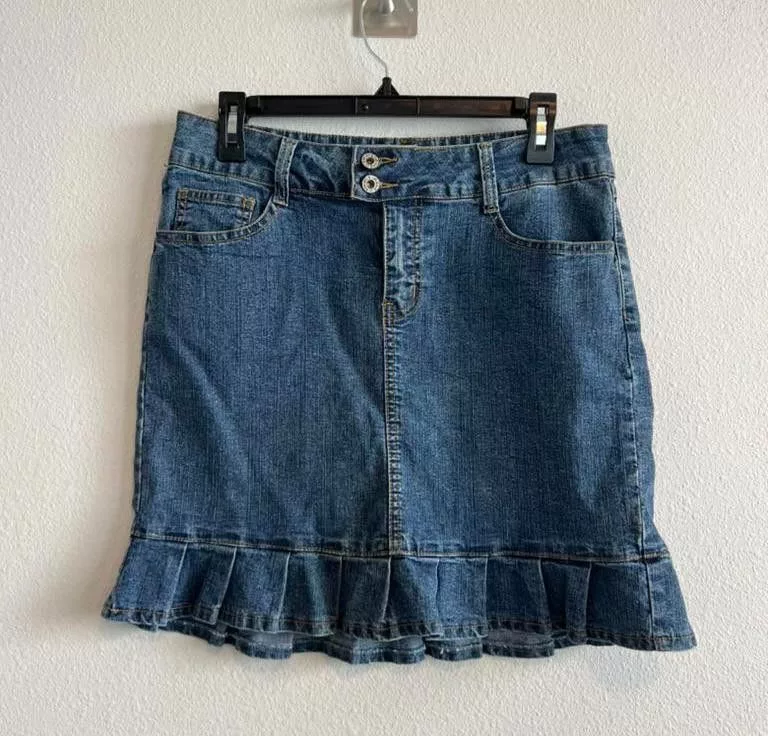 Designer Midi Skirts Designer Y2K Denim Jean Hight Wist Mini Skirt with Ruffles at Bottom Blue