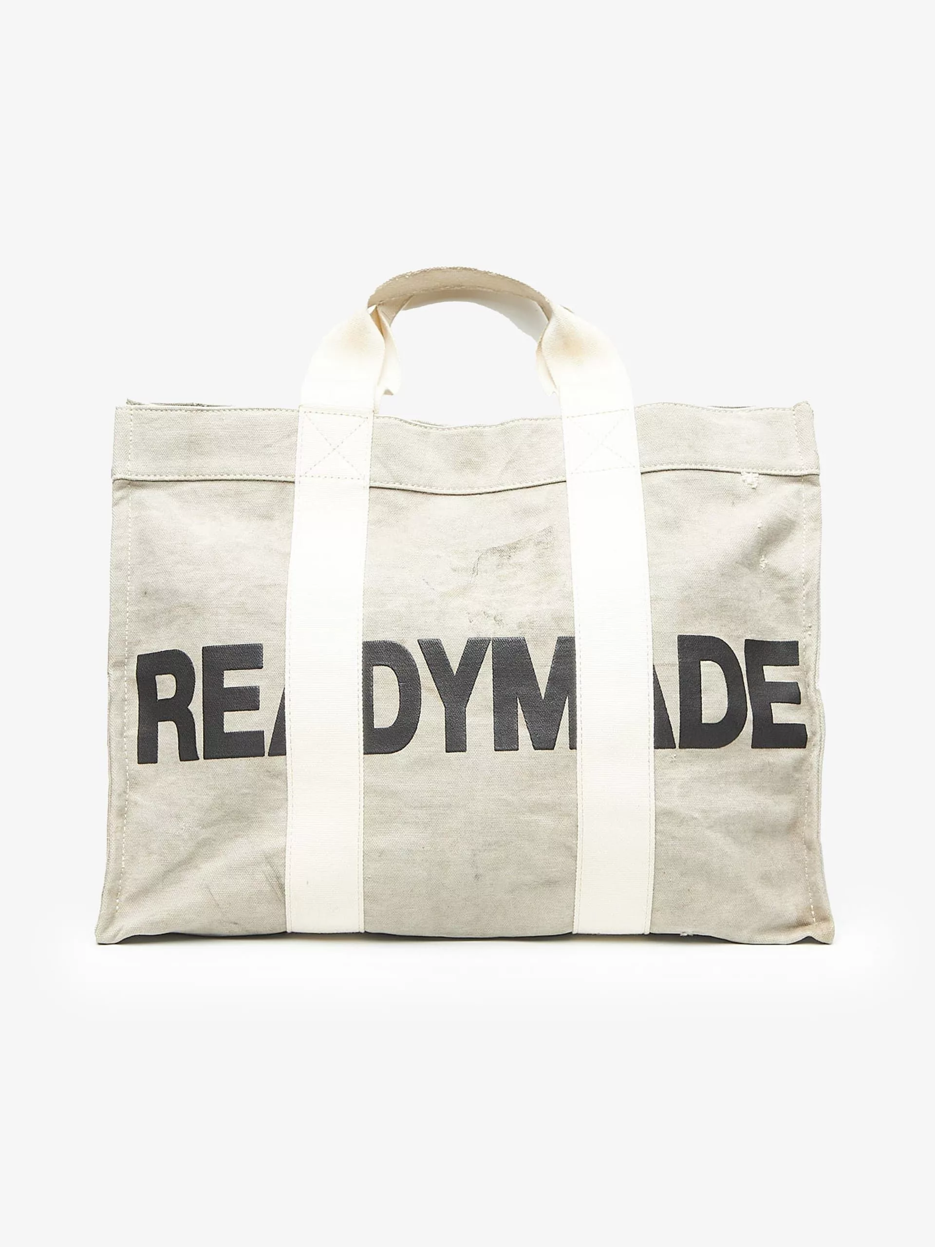 READYMADE Bags Luggage READYMADE Gray Washed Distressed Dirty Logo Printed Buttoned Cotton Tote Bag