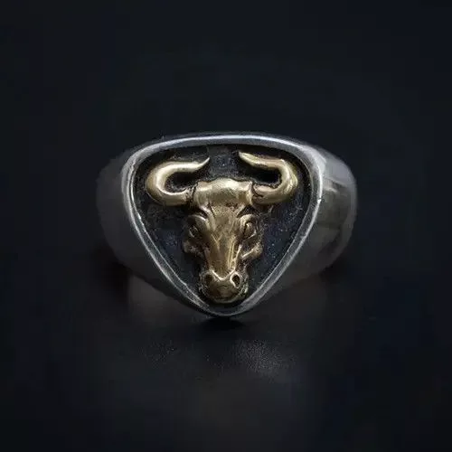 Vintage Jewelry Watches Vintage Retro Personality Bull Pattern Ring Open Size Silver Streetwear
