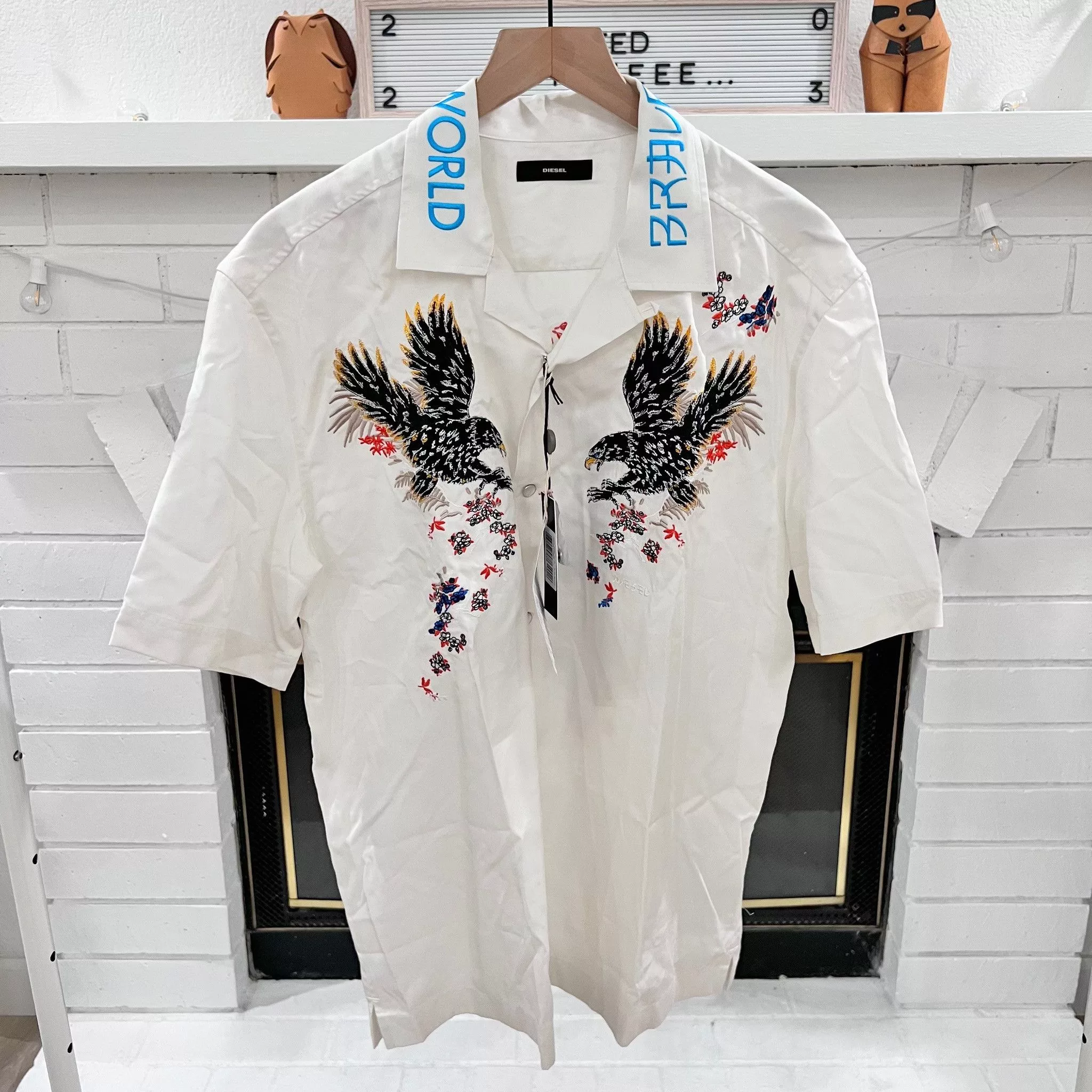 Diesel Shirts Button Ups Diesel Embroidered Floral Logo White Short Sleeve Button Ups
