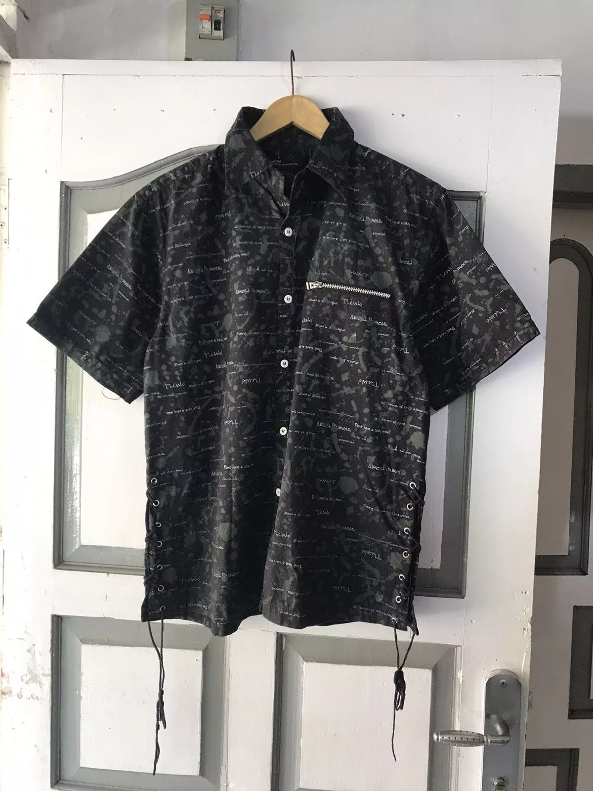 14th Addiction Shirts Button Ups 14th Addiction × If Six Was Nine × Japanese Brand Y2K Moderm Laces Up Overprint Shirts Black