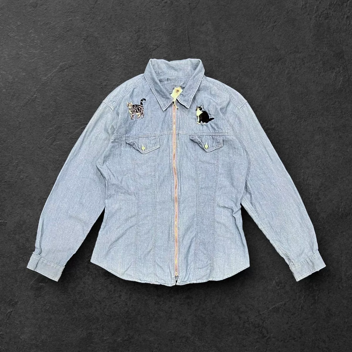 Designer Denim Jackets Designer × Vintage Vintage 90’s Embroidered Cats Denim Jean Jacket Blue