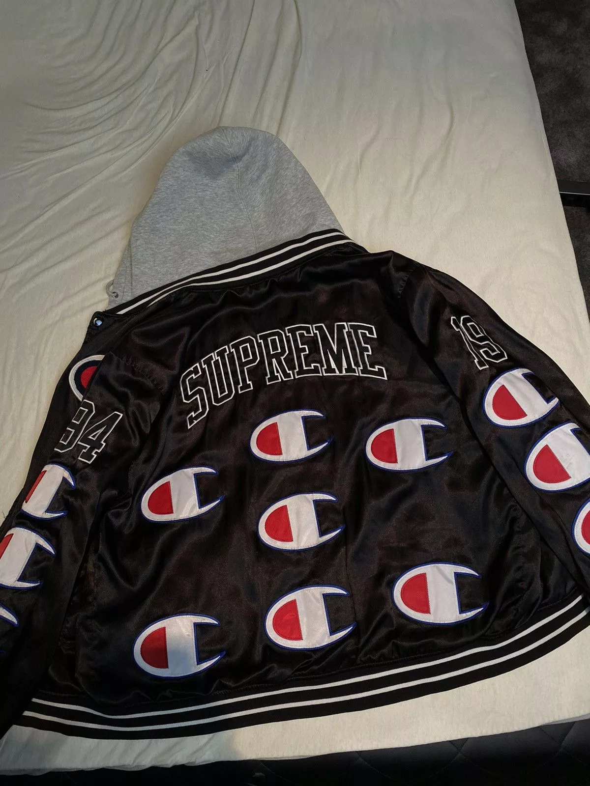 Champion Bombers Champion × Supreme Supreme x Champion Hooded Black Varsity Jacket Streetwear