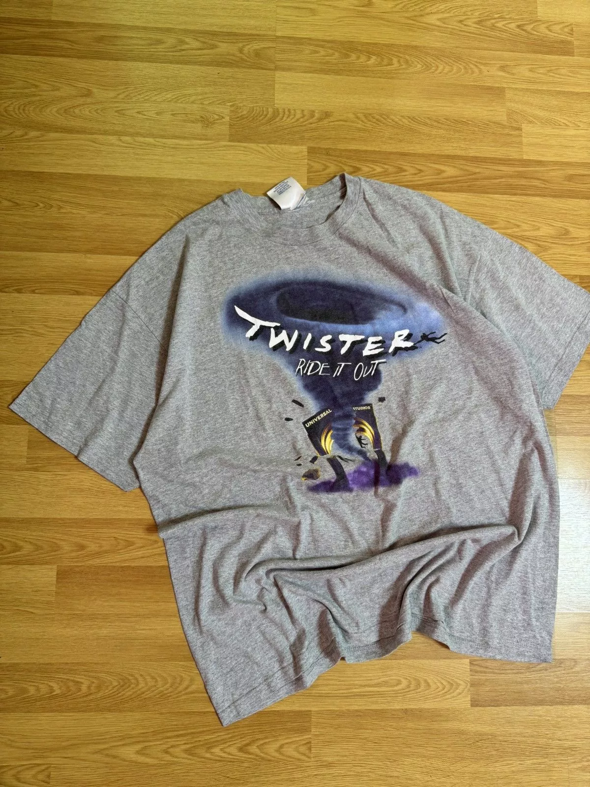 Universal Studios Short Sleeve T Shirts Universal Studios × Vintage Vintage 90’s Twister Ride it Out Universal Studios Movie Tee Gray