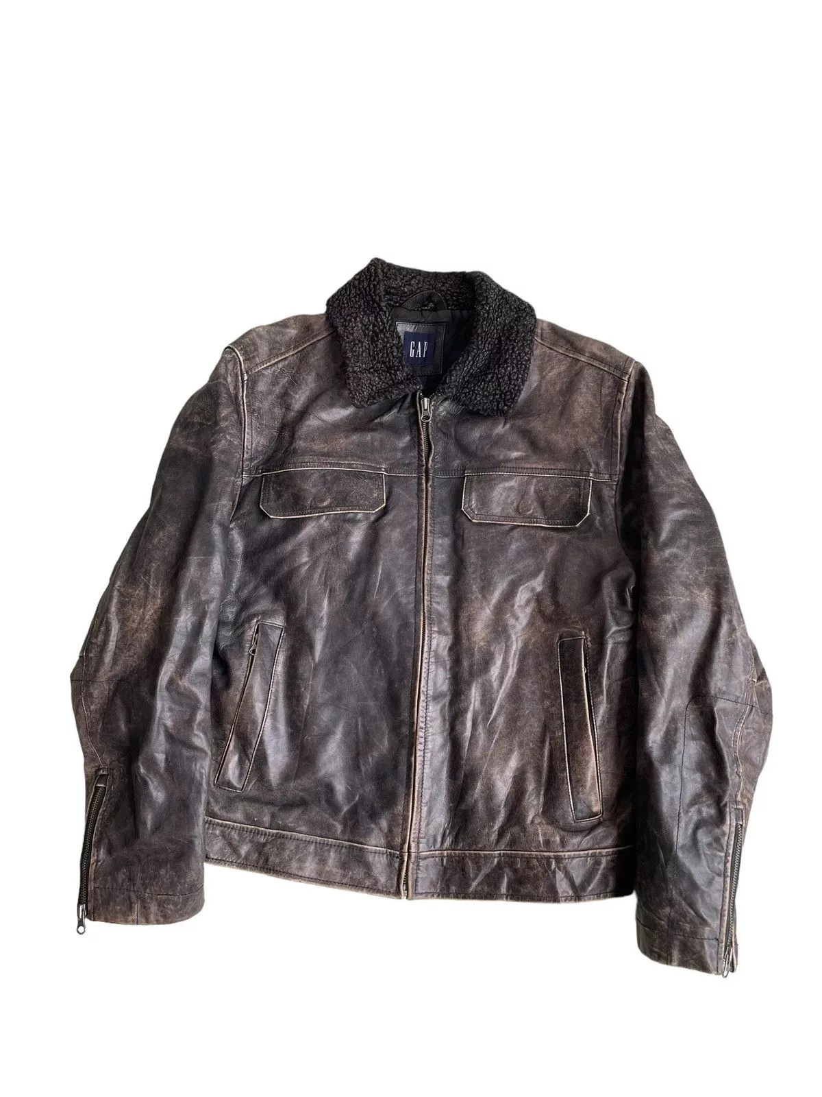 Gap Leather Jackets 1990s GAP 🇺🇸 Fur Neck Leather Biker Jacket Black