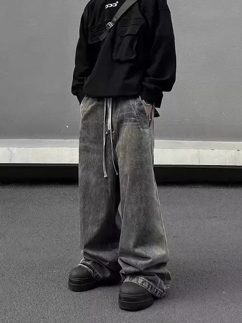 Japanese Brand Denim Japanese Brand × Jean Retro wash gradient drawstring work wide leg jeans Blue Streetwear