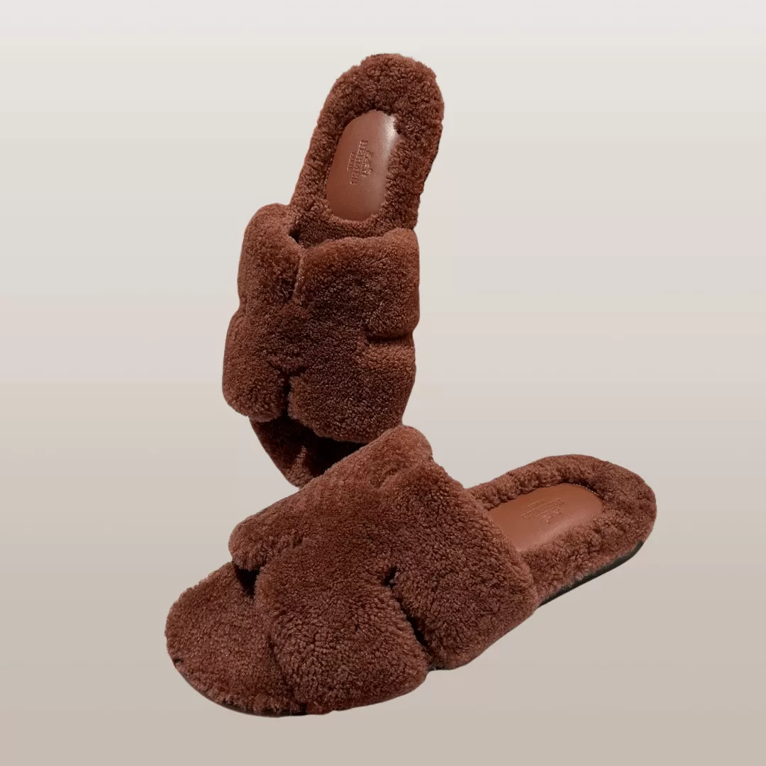 Hermes Sandals Hermes Izmir Cognac Brown Shearling Mule Sandals Multi