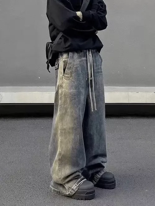 Japanese Brand Denim Japanese Brand × Jean Retro wash gradient drawstring work wide leg jeans Blue Streetwear