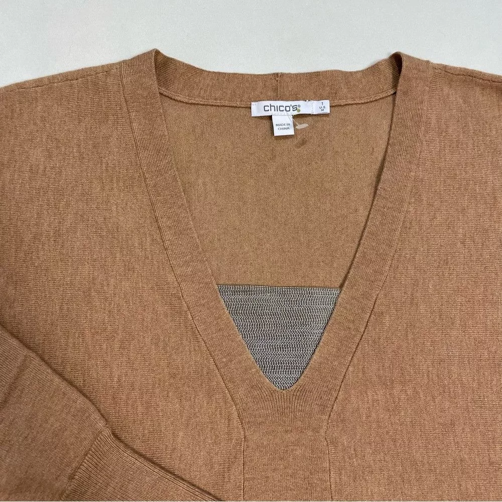 Chicos Sweaters Chicos New Chico's Caviar Bead V-Neck Pullover Tan Sweater Size 1 Brown