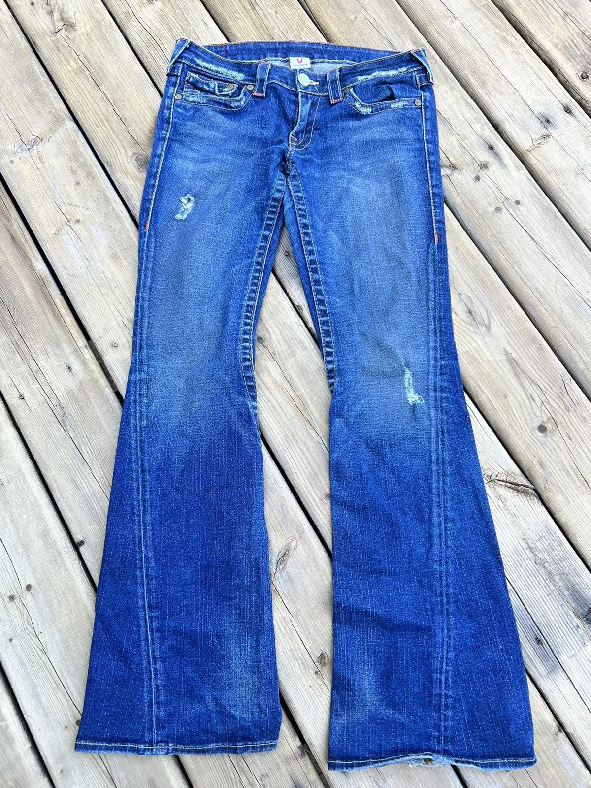 True Religion Denim Crazy True Religion Flared Distressed Denim Chief Keef Jnco Blue