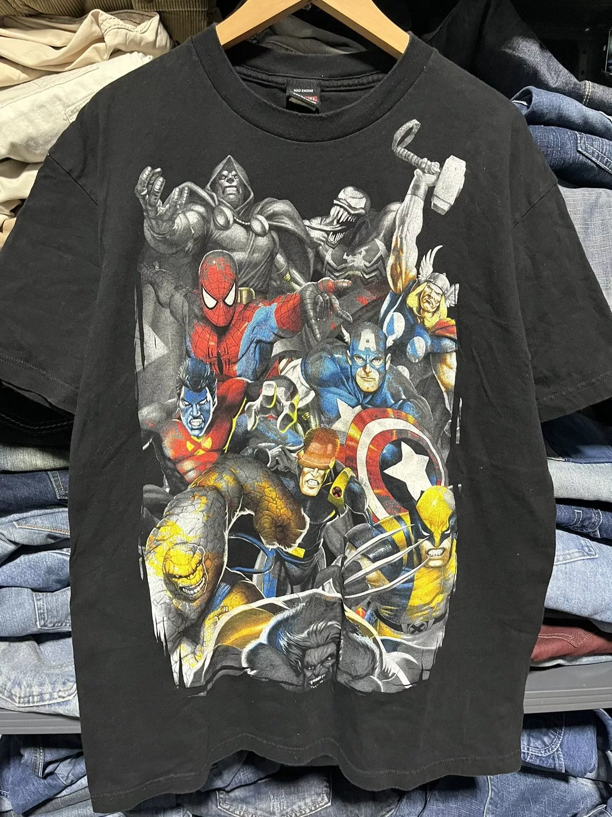 Marvel Comics Short Sleeve T Shirts Marvel Comics × Vintage Crazy Y2K Marvel Mad Engine All Over Print Graphic Tee Black Streetwear