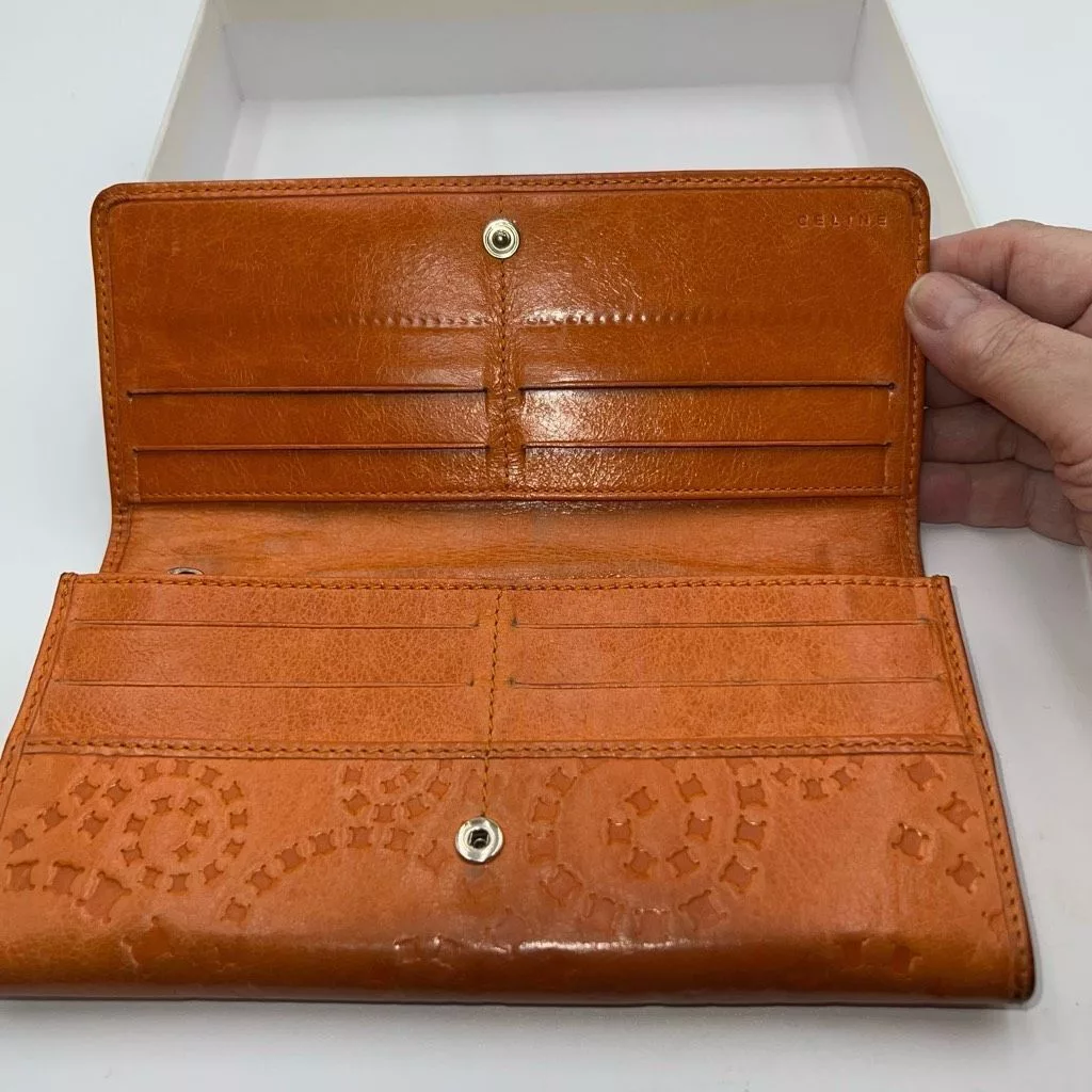 Celine Wallets CELINE RARE Embossed Macadam Long Leather Wallet with full inclusion Orange