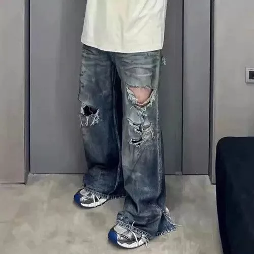 High Sport Denim High Sport × Jean Frayed Damaged Hole Baggy Wide Leg Jeans Blue Vintage
