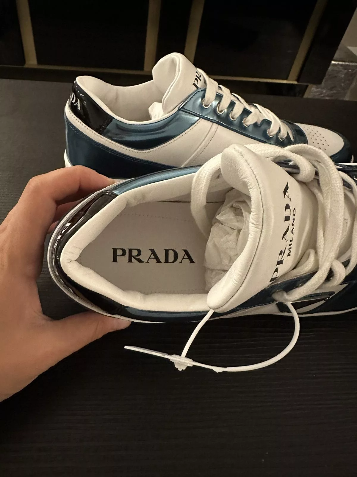 Prada Low Top Sneakers Prada Downtown Leather Sneakers Rare Metallic Blue! Size 9