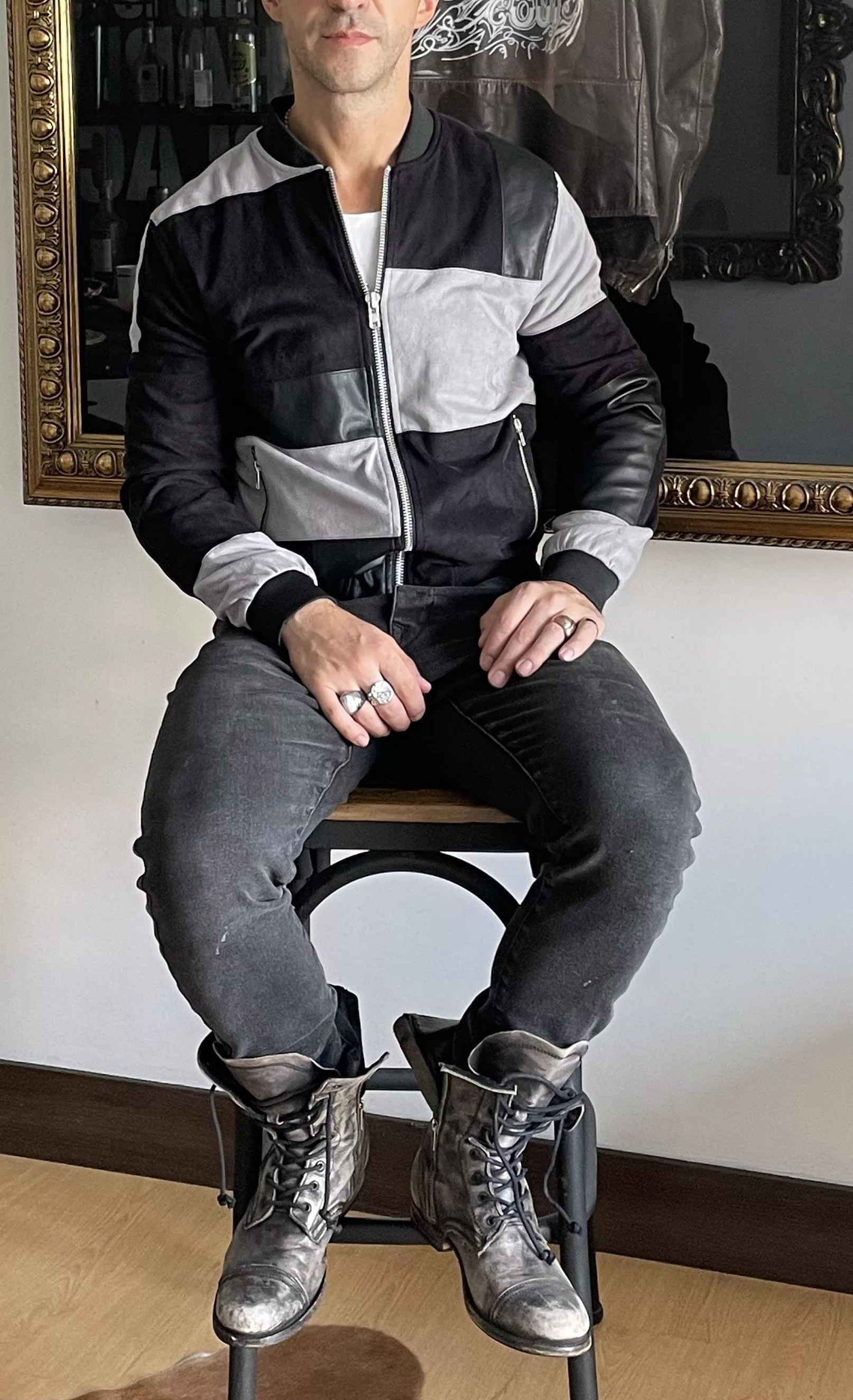Other Leather Jackets Other Patchwork Leather Suede Black Grey Bomber Jacket Sandro