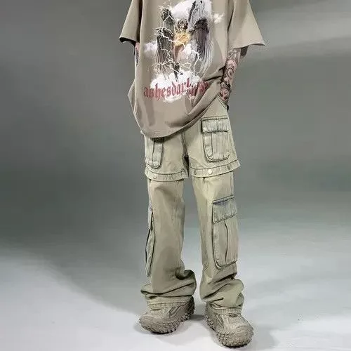 High Sport Denim High Sport × Japanese Brand × Jean Retro Buttons Detachable Wide Cargo Jeans Brown