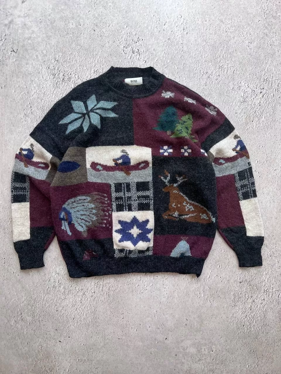 Hugo Boss Sweaters Knitwear Hugo Boss × Vintage Hugo Boss wool sweater patterned jumper vintage 90’s boxy Gray