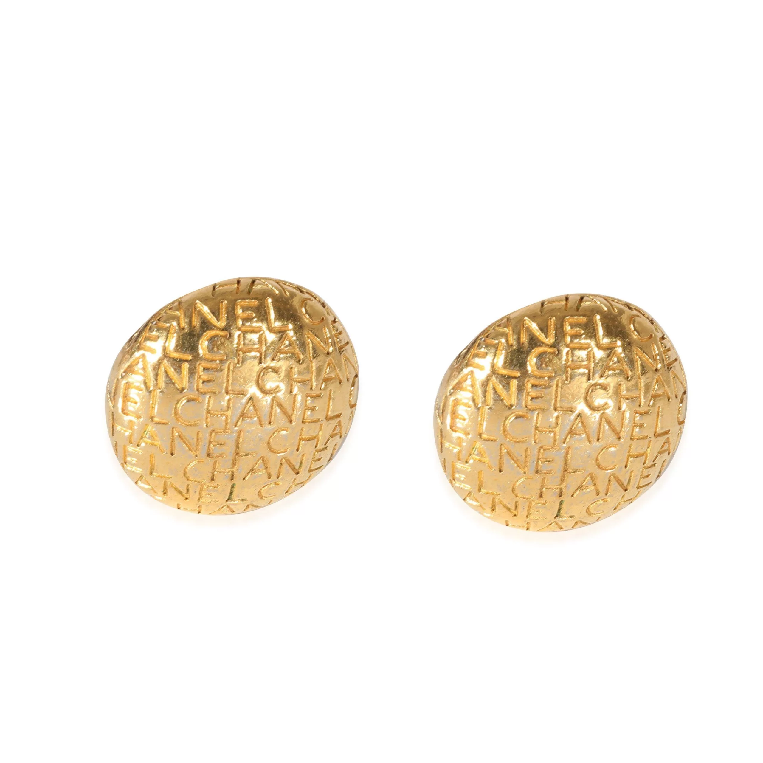 Chanel Rings Gold Tone Chanel Vintage Logo Lettering Button Earrings