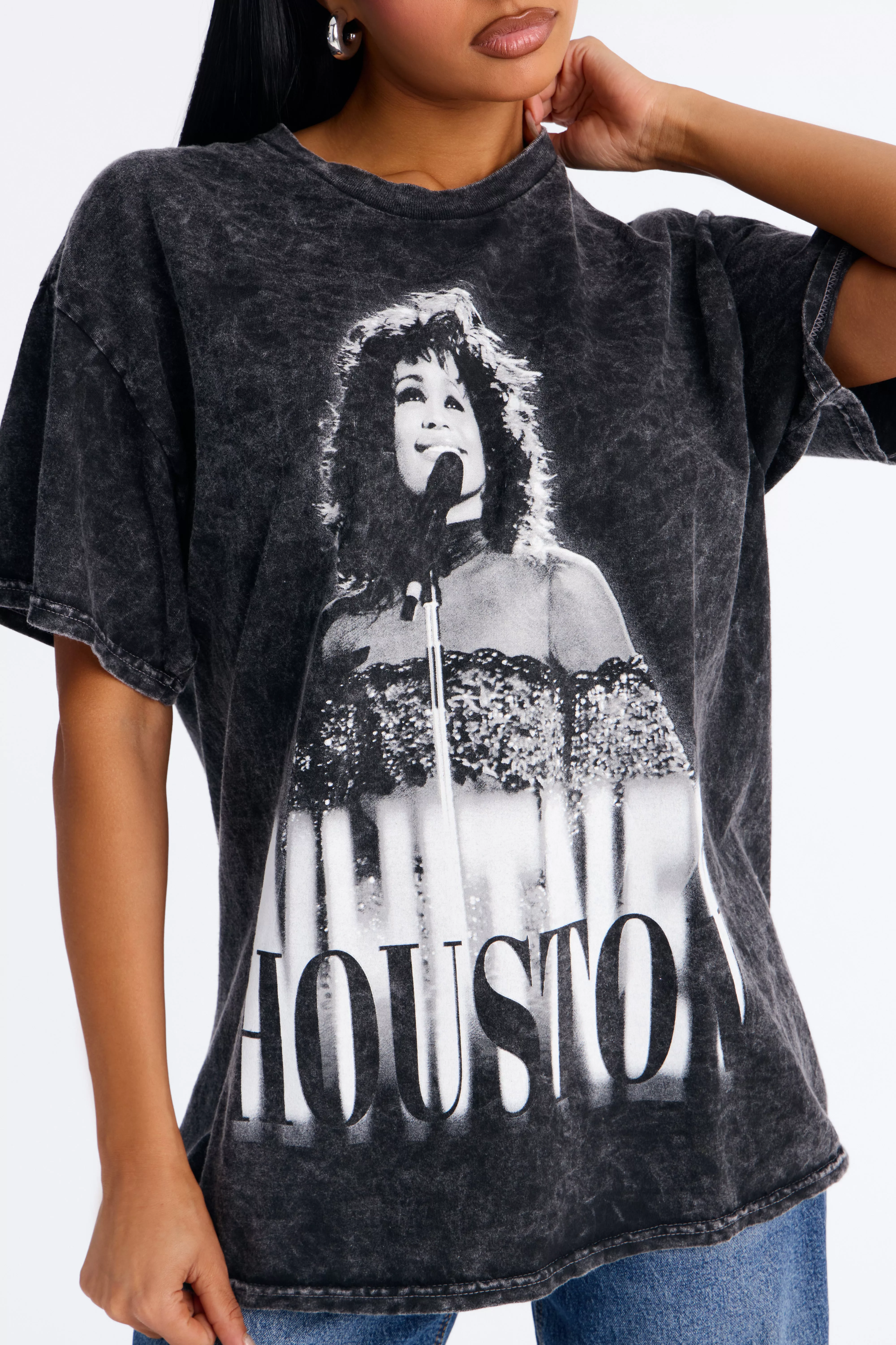 Whitney Houston Muse Washed Oversized Tee - Charcoal